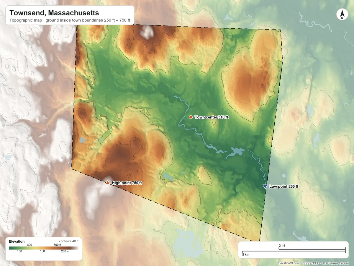 Topographic elevation map of Townsend, Massachusetts, shaded from 250 ft on the southeast side to 750 ft on the southwest side