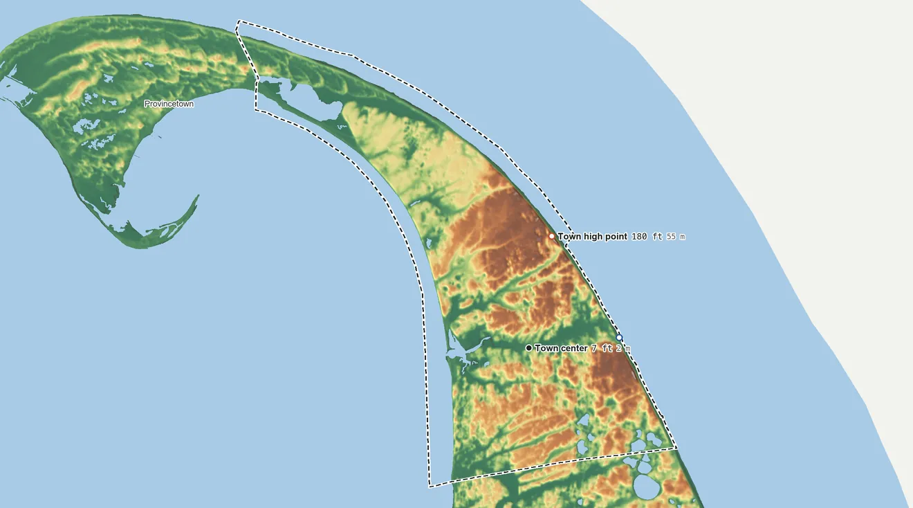 Topographic elevation map of Truro, Massachusetts, shaded from sea level level on the Atlantic Ocean to 180 ft on the north side