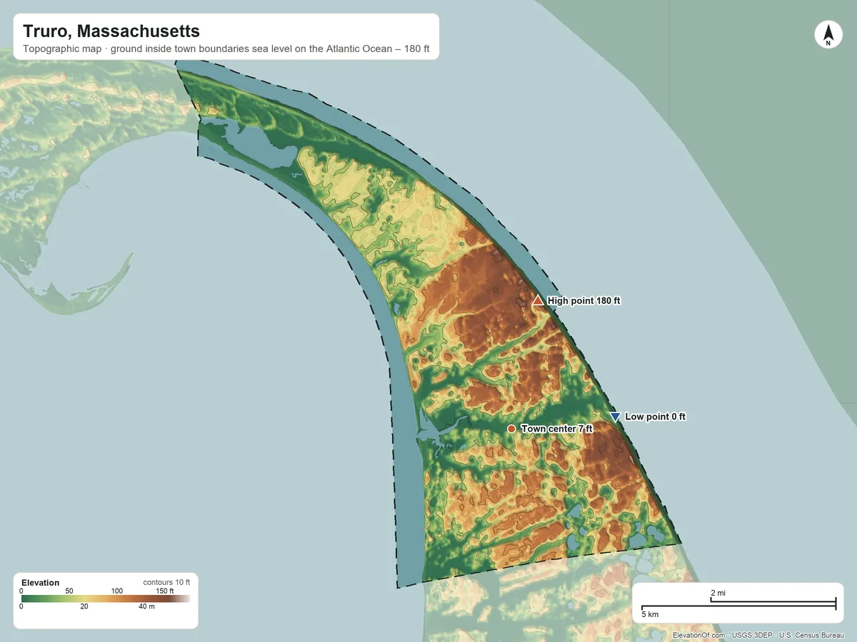 Topographic elevation map of Truro, Massachusetts, shaded from sea level level on the Atlantic Ocean to 180 ft on the north side
