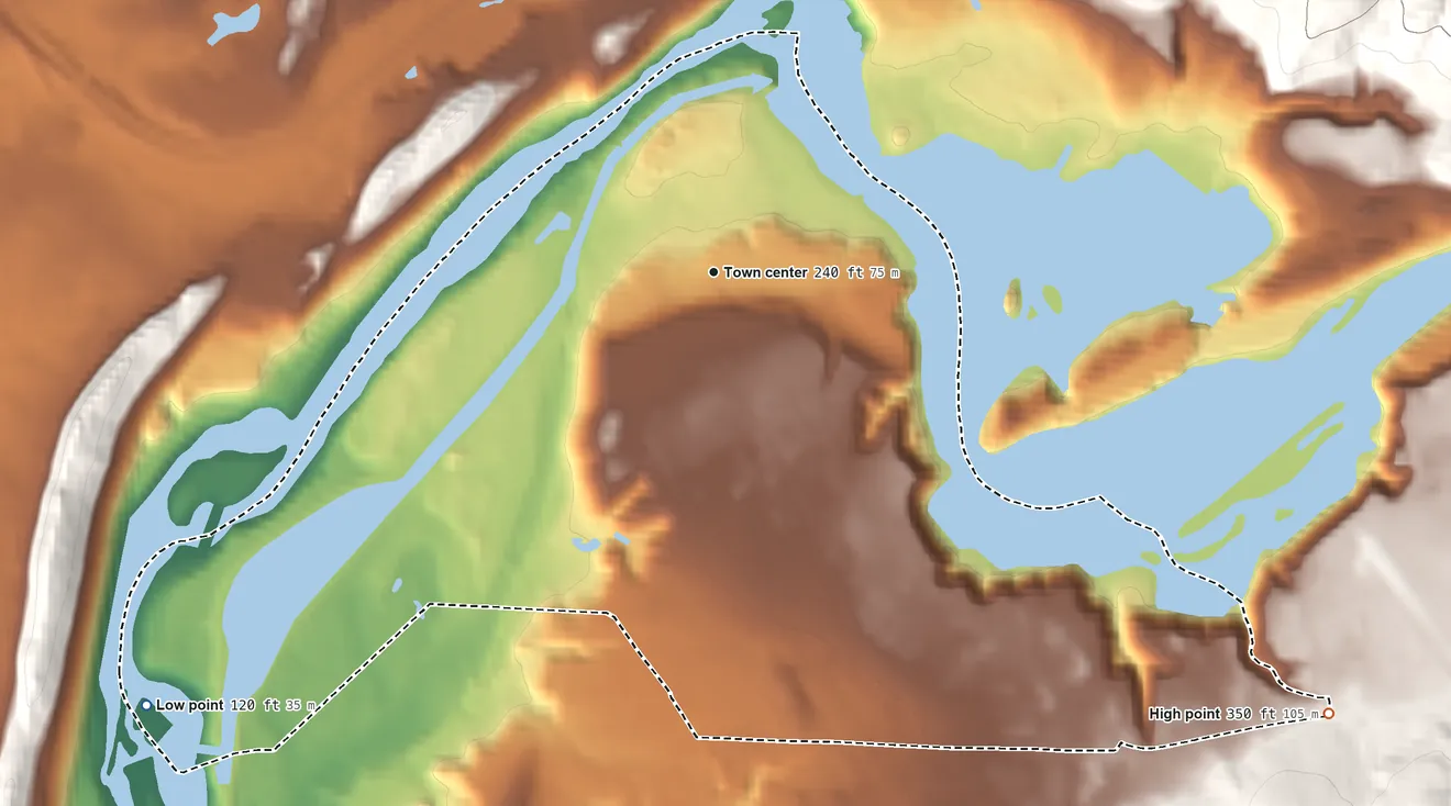 Topographic elevation map of Turners Falls, Massachusetts, shaded from 120 ft on the southwest side to 350 ft at the foot of the Catamount Hills