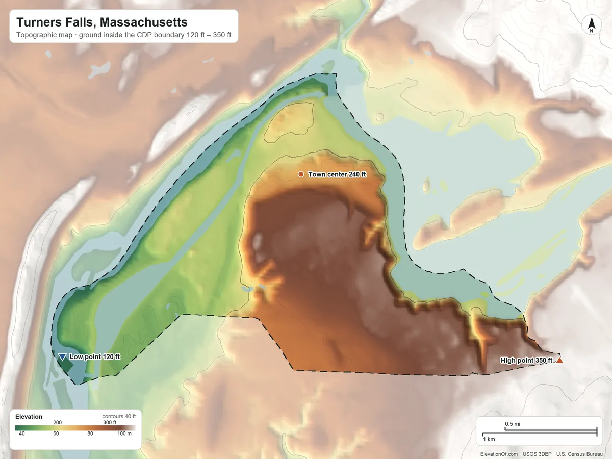 Topographic elevation map of Turners Falls, Massachusetts, shaded from 120 ft on the southwest side to 350 ft at the foot of the Catamount Hills
