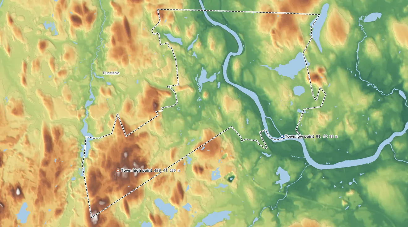 Topographic elevation map of Tyngsborough, Massachusetts, shaded from 91 ft on the southeast side to 420 ft on the southwest side