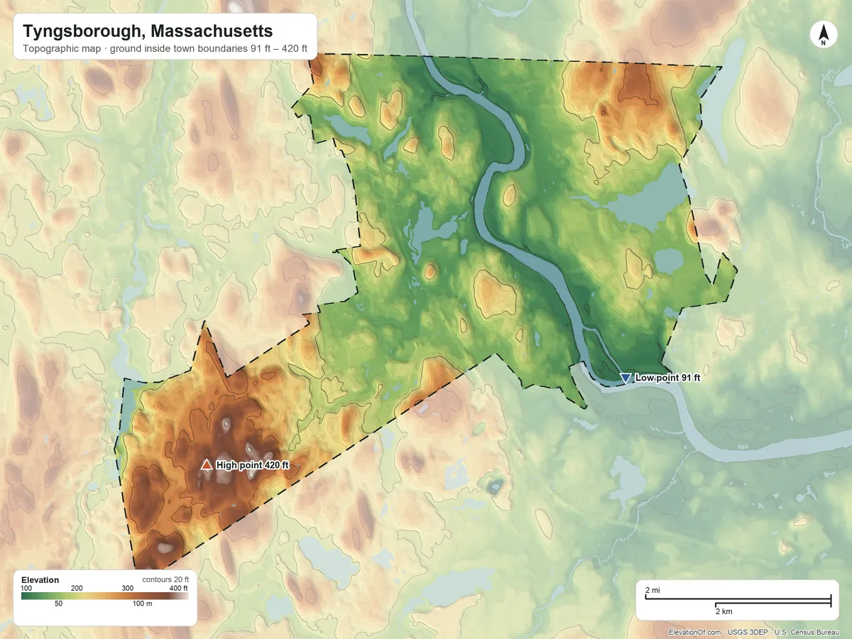 Topographic elevation map of Tyngsborough, Massachusetts, shaded from 91 ft on the southeast side to 420 ft on the southwest side