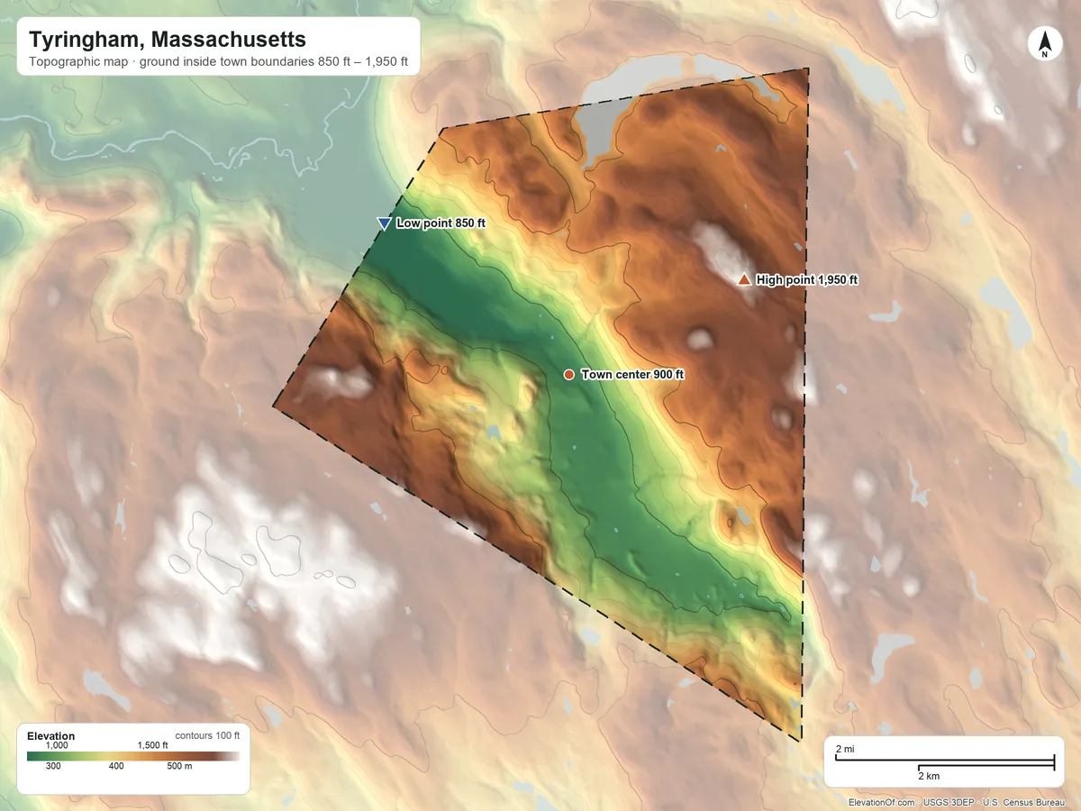 Topographic elevation map of Tyringham, Massachusetts, shaded from 850 ft on the northwest side to 1,950 ft on the northeast side