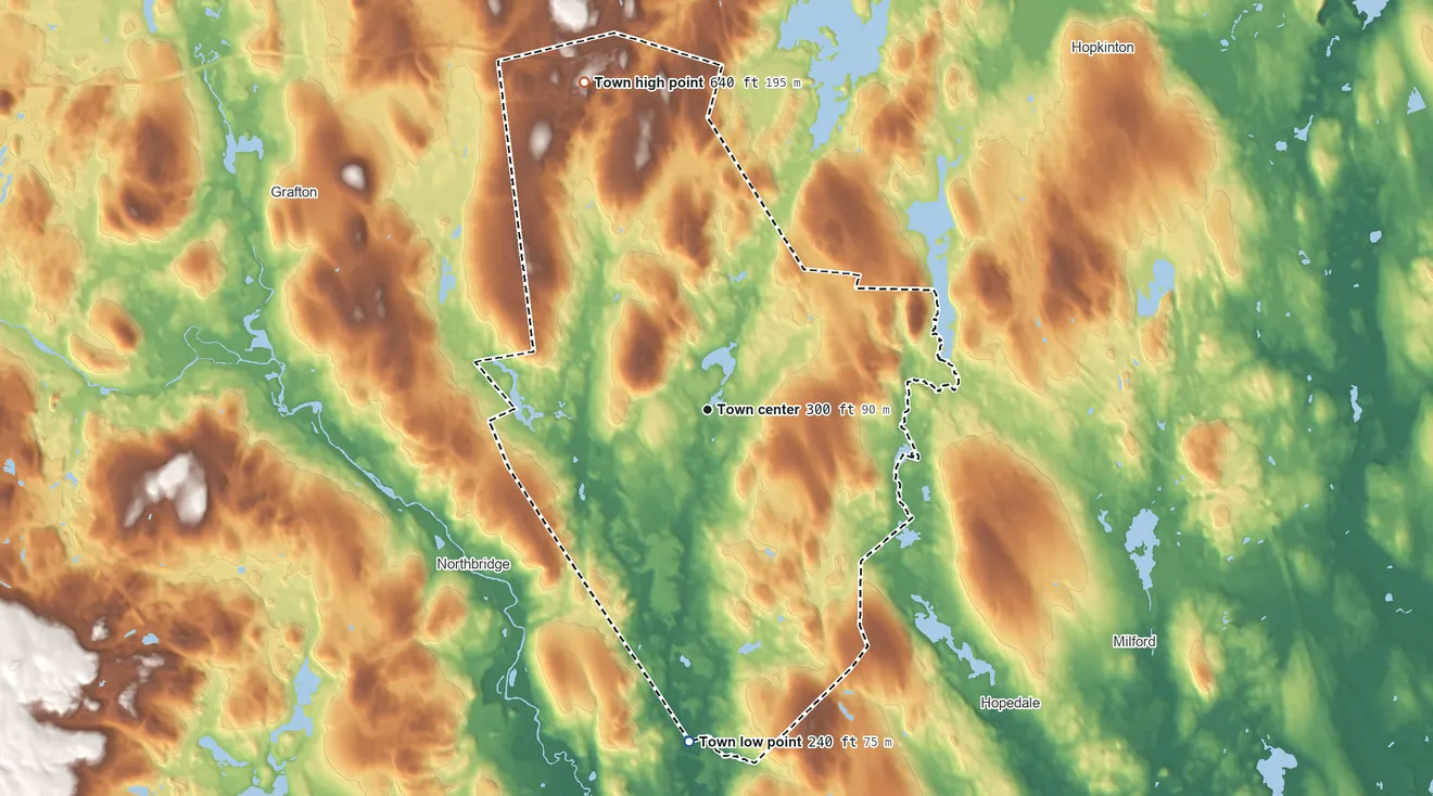Topographic elevation map of Upton, Massachusetts, shaded from 240 ft on the south side to 640 ft on the north side