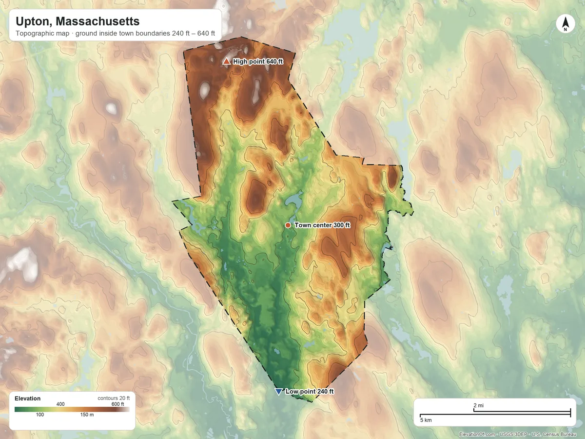 Topographic elevation map of Upton, Massachusetts, shaded from 240 ft on the south side to 640 ft on the north side