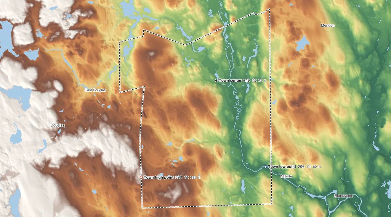 Topographic elevation map of Uxbridge, Massachusetts, shaded from 200 ft on the southeast side to 600 ft on the southwest side
