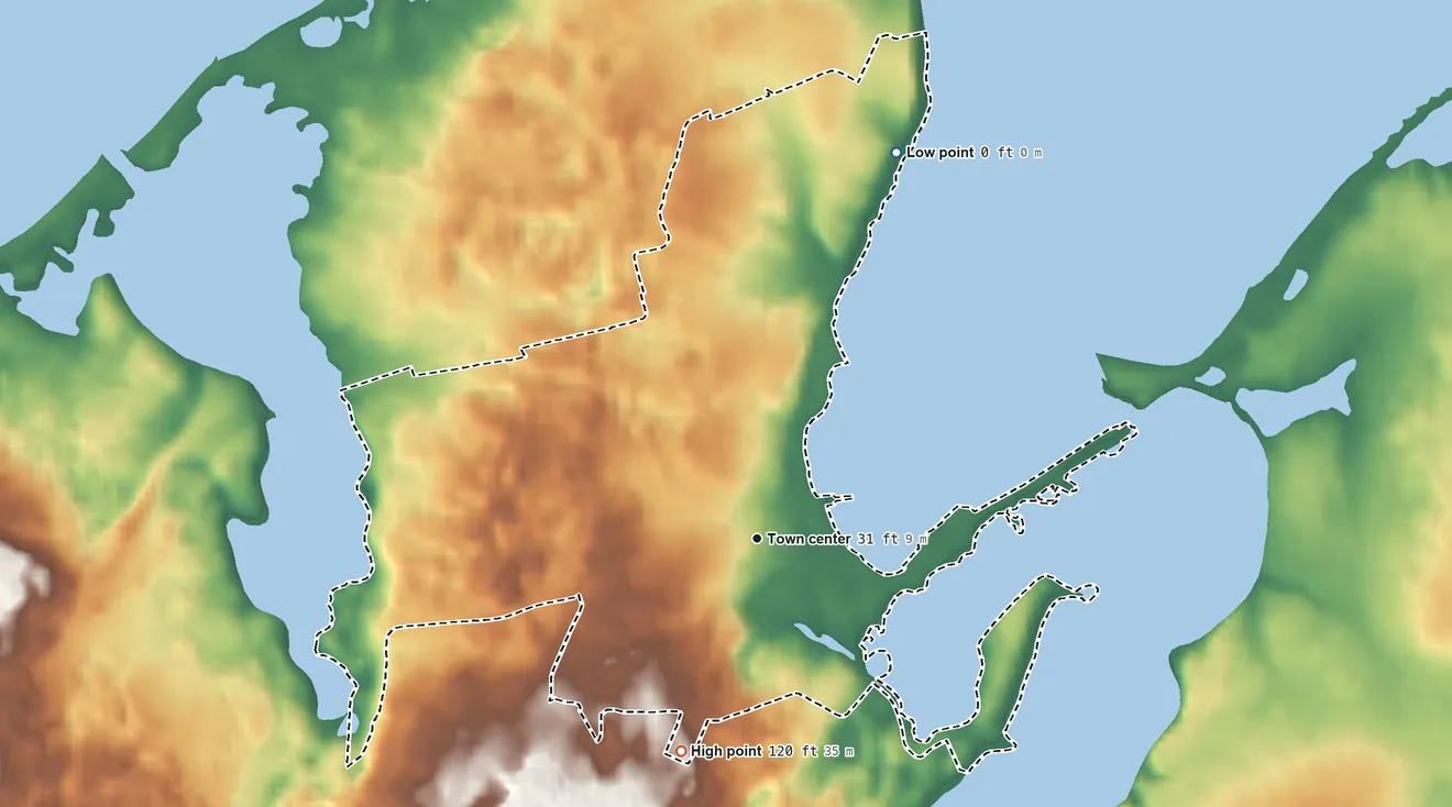 Topographic elevation map of Vineyard Haven, Massachusetts, shaded from 0 ft on the north side to 120 ft on the south side