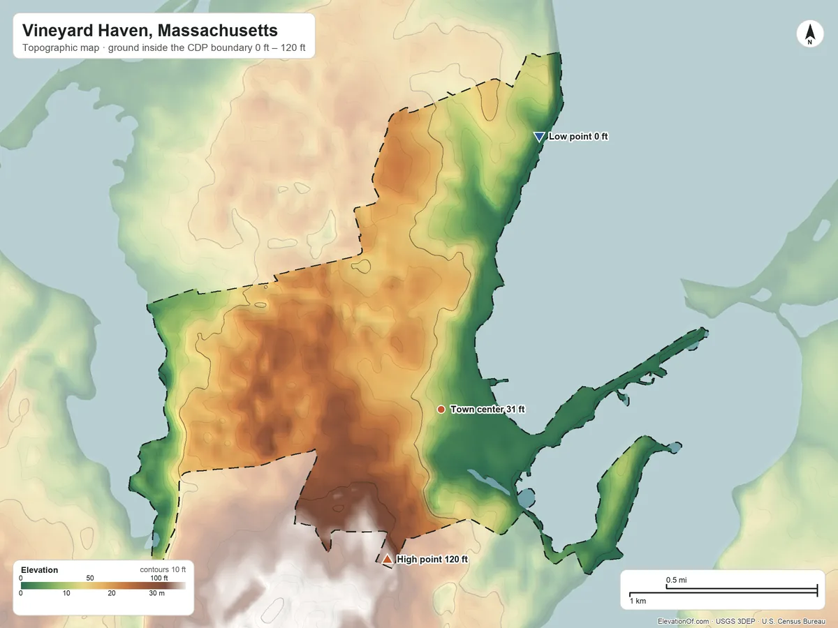 Topographic elevation map of Vineyard Haven, Massachusetts, shaded from 0 ft on the north side to 120 ft on the south side