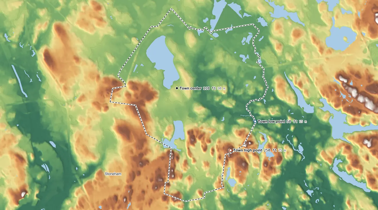 Topographic elevation map of Wakefield, Massachusetts, shaded from 50 ft on the southeast side to 250 ft on the southeast side