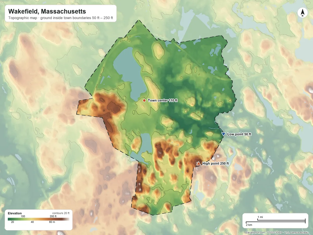 Topographic elevation map of Wakefield, Massachusetts, shaded from 50 ft on the southeast side to 250 ft on the southeast side