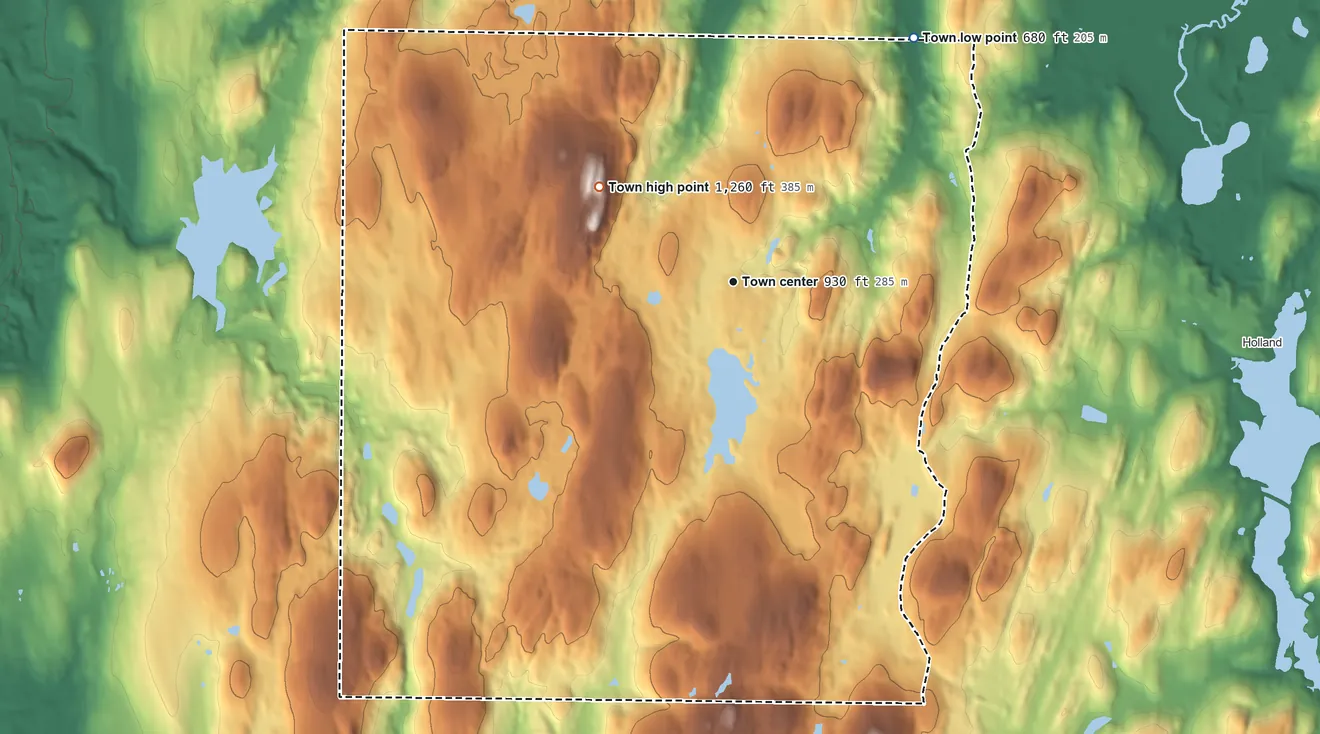 Topographic elevation map of Wales, Massachusetts, shaded from 680 ft on the northeast side to 1,260 ft on Mount Pisgah