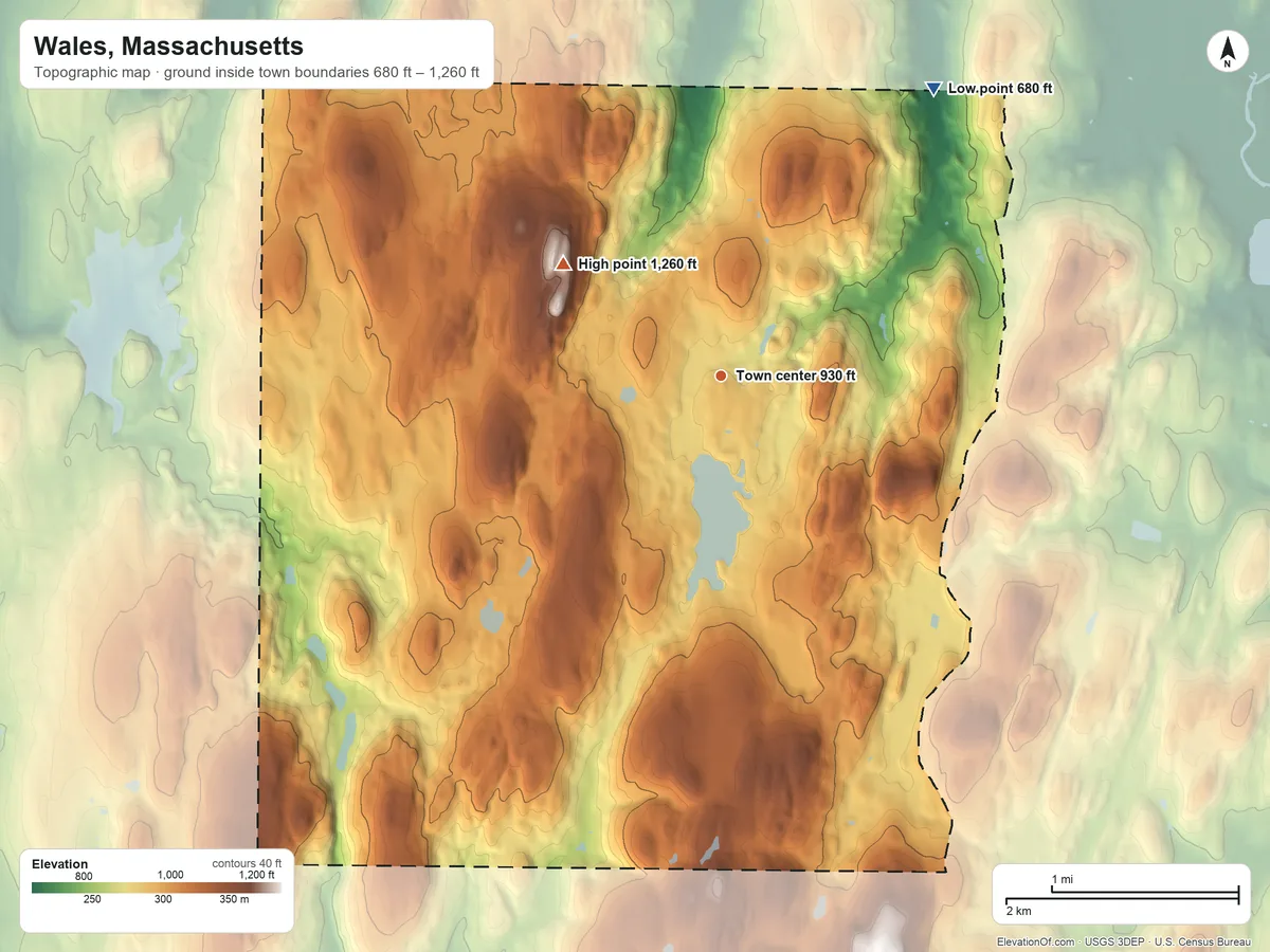Topographic elevation map of Wales, Massachusetts, shaded from 680 ft on the northeast side to 1,260 ft on Mount Pisgah
