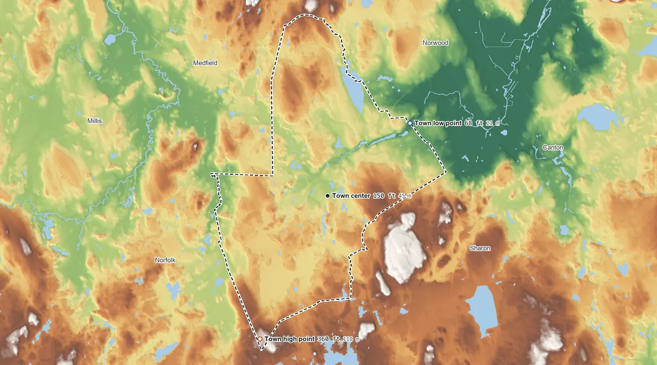 Topographic elevation map of Walpole, Massachusetts, shaded from 68 ft on the northeast side to 360 ft on the southwest side