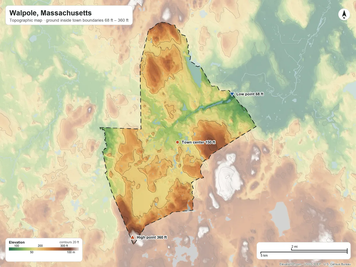 Topographic elevation map of Walpole, Massachusetts, shaded from 68 ft on the northeast side to 360 ft on the southwest side