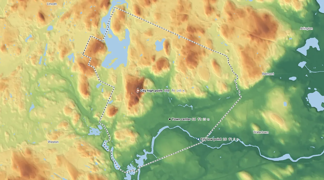 Topographic elevation map of Waltham, Massachusetts, shaded from 16 ft on the southeast side to 478 ft on Prospect Hill