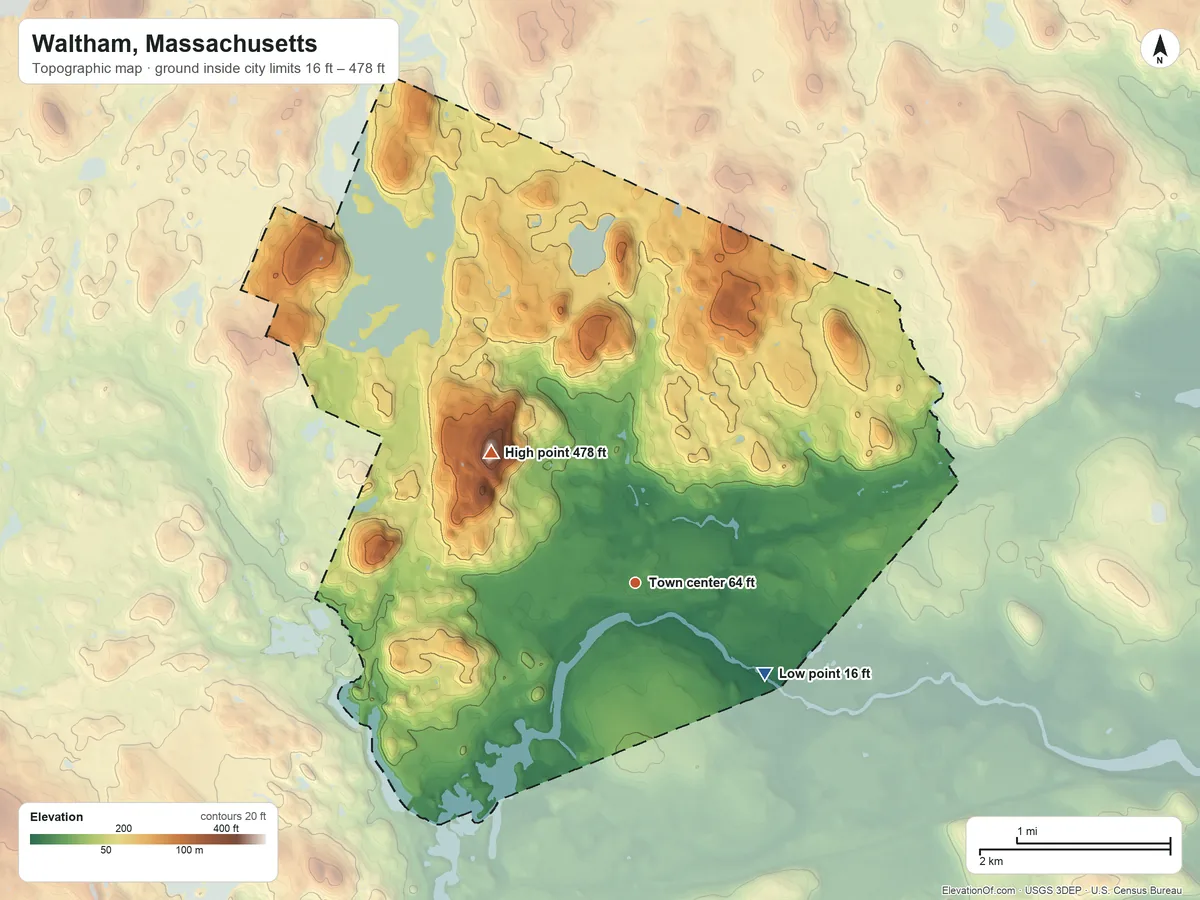 Topographic elevation map of Waltham, Massachusetts, shaded from 16 ft on the southeast side to 478 ft on Prospect Hill