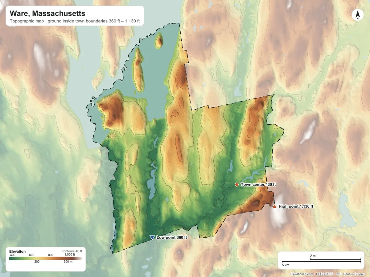 Topographic elevation map of Ware, Massachusetts, shaded from 360 ft on the southwest side to 1,130 ft on the southeast edge, below higher ground just outside
