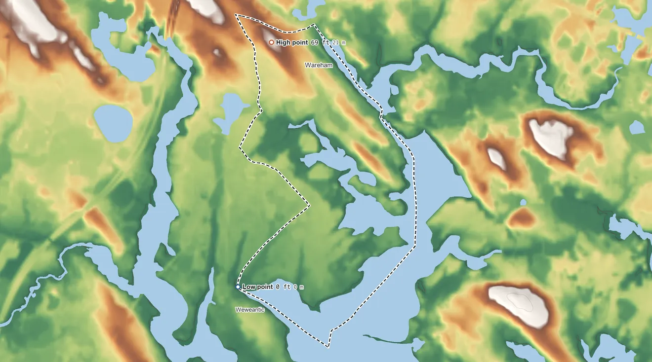 Topographic elevation map of Wareham Center, Massachusetts, shaded from sea level level on Buzzards Bay to 69 ft on the north side
