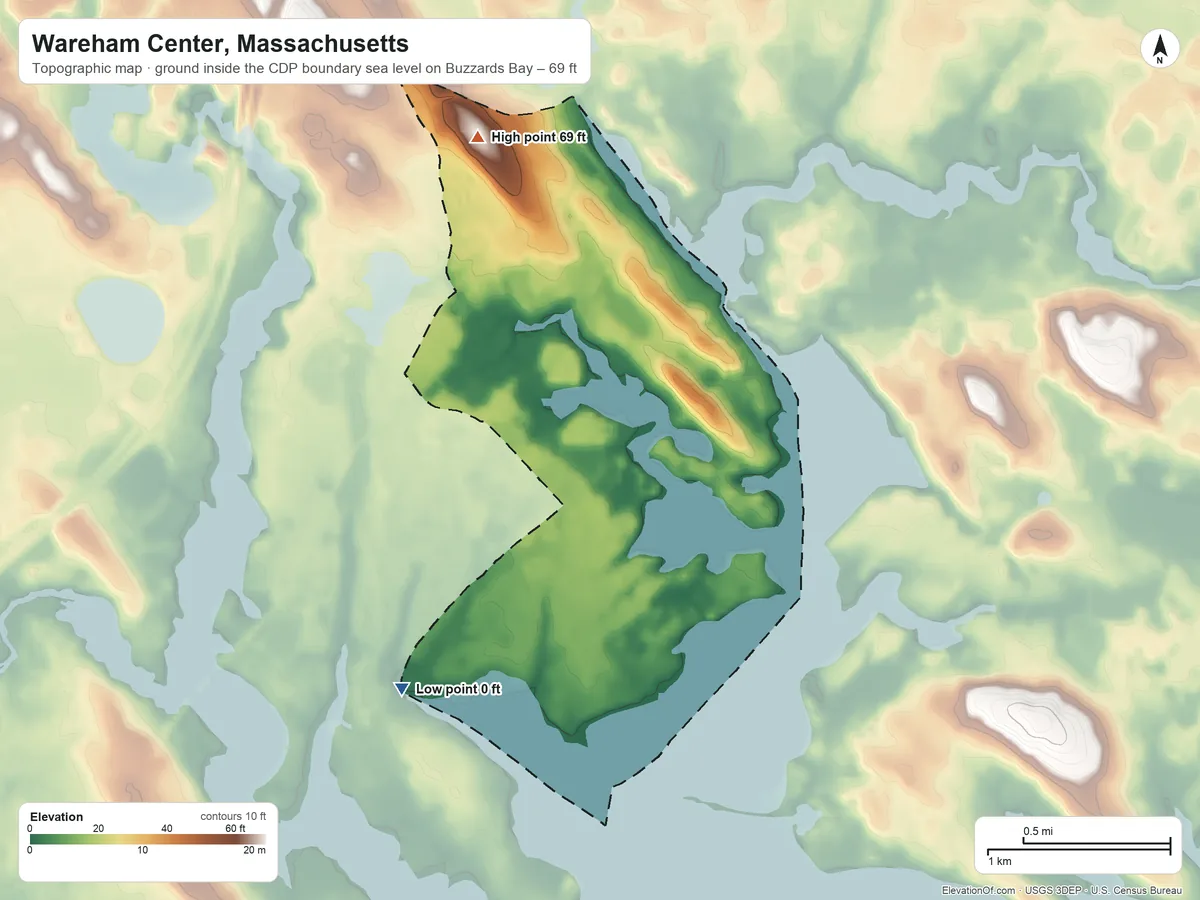Topographic elevation map of Wareham Center, Massachusetts, shaded from sea level level on Buzzards Bay to 69 ft on the north side