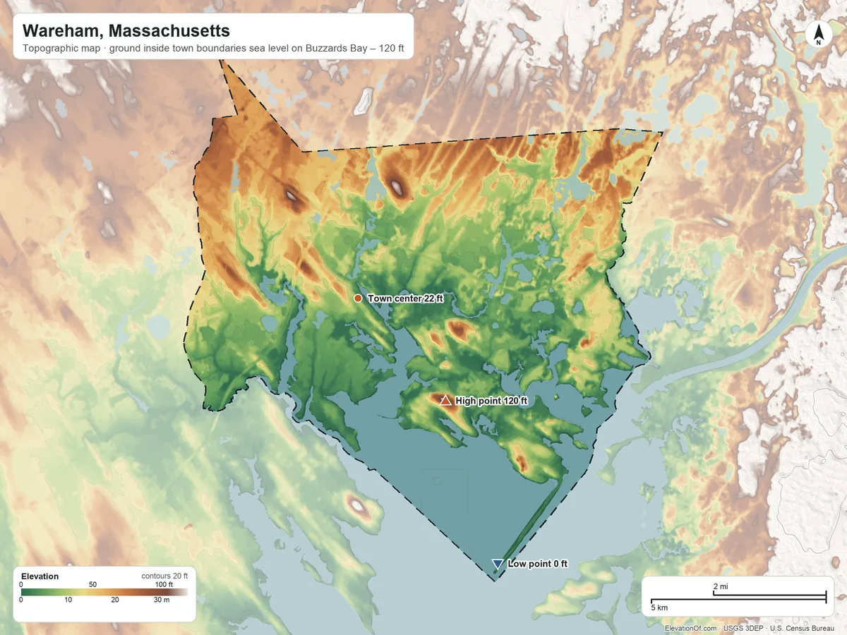 Topographic elevation map of Wareham, Massachusetts, shaded from sea level level on Buzzards Bay to 120 ft on Bourne Hill