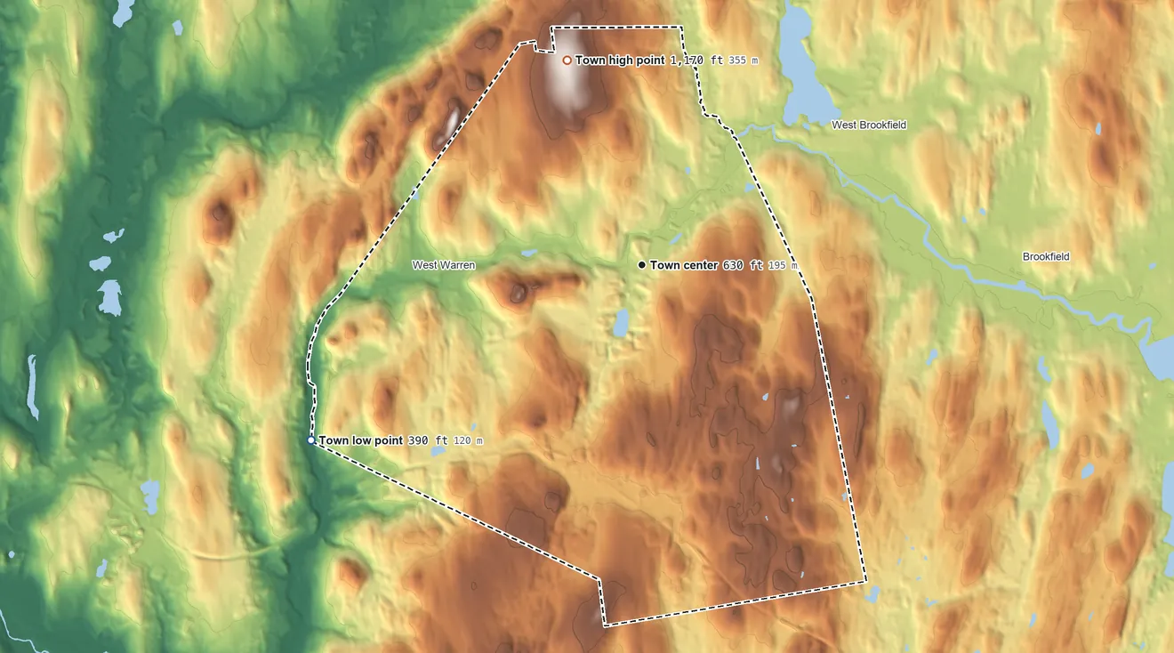 Topographic elevation map of Warren, Massachusetts, shaded from 390 ft on the southwest side to 1,170 ft on Coys Hill