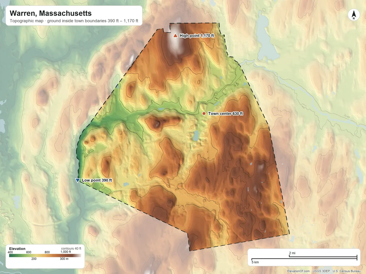Topographic elevation map of Warren, Massachusetts, shaded from 390 ft on the southwest side to 1,170 ft on Coys Hill