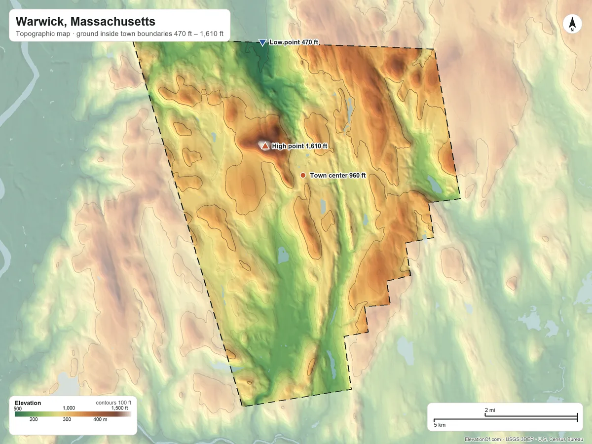 Topographic elevation map of Warwick, Massachusetts, shaded from 470 ft on the north side to 1,610 ft on Mount Grace
