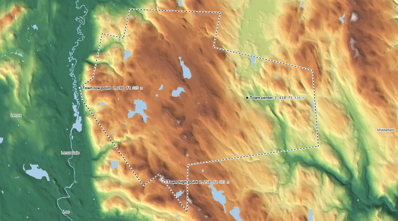 Topographic elevation map of Washington, Massachusetts, shaded from 1,100 ft on the west side to 2,250 ft on the southwest side