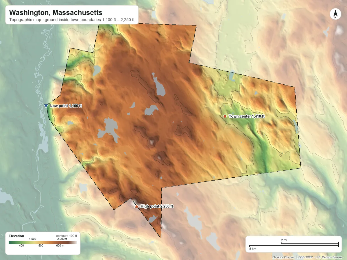 Topographic elevation map of Washington, Massachusetts, shaded from 1,100 ft on the west side to 2,250 ft on the southwest side