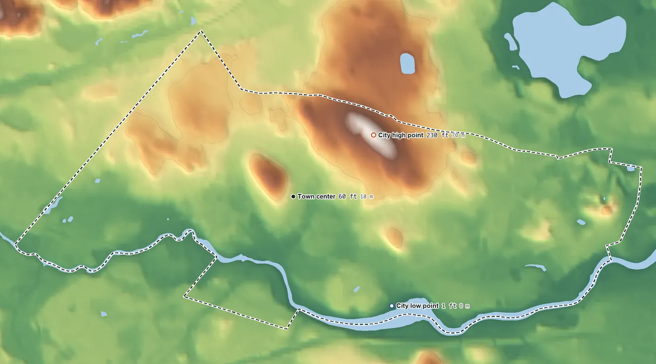 Topographic elevation map of Watertown, Massachusetts, shaded from 1 ft on the southeast side to 230 ft on Meetinghouse Hill