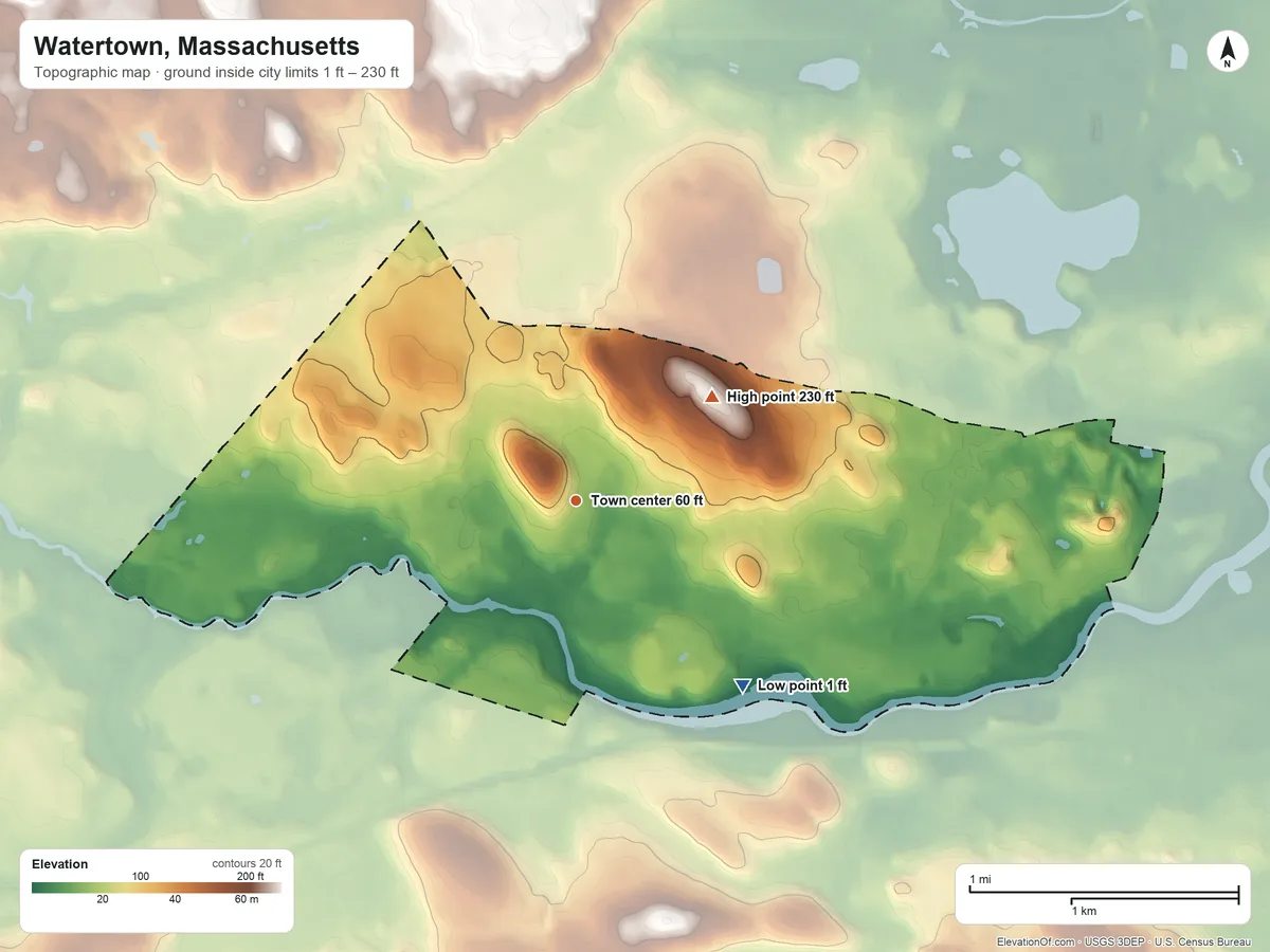 Topographic elevation map of Watertown, Massachusetts, shaded from 1 ft on the southeast side to 230 ft on Meetinghouse Hill