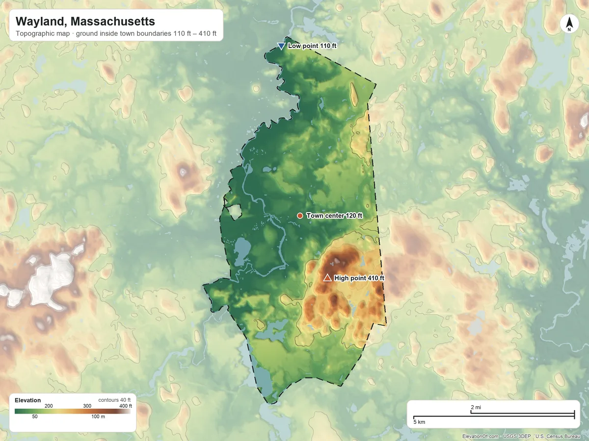 Topographic elevation map of Wayland, Massachusetts, shaded from 110 ft on the north side to 410 ft on Reeves Hill