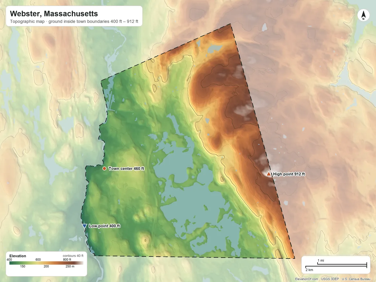 Topographic elevation map of Webster, Massachusetts, shaded from 400 ft on the south side to 912 ft on Wood Hill