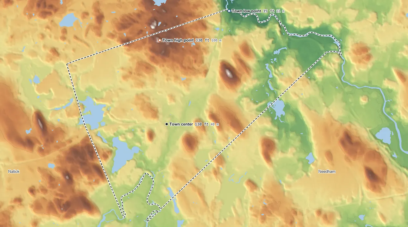 Topographic elevation map of Wellesley, Massachusetts, shaded from 35 ft on the northeast side to 330 ft on the north edge, below higher ground just outside