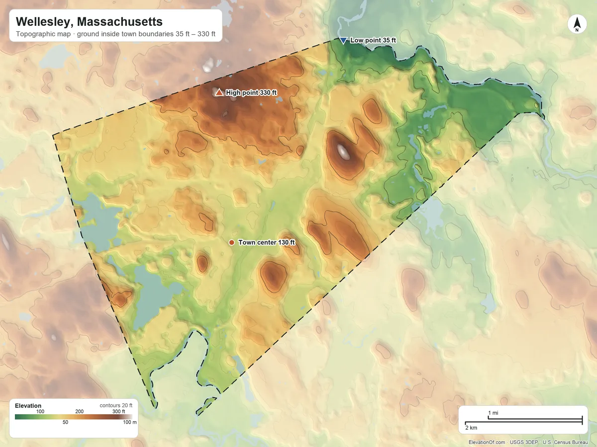 Topographic elevation map of Wellesley, Massachusetts, shaded from 35 ft on the northeast side to 330 ft on the north edge, below higher ground just outside