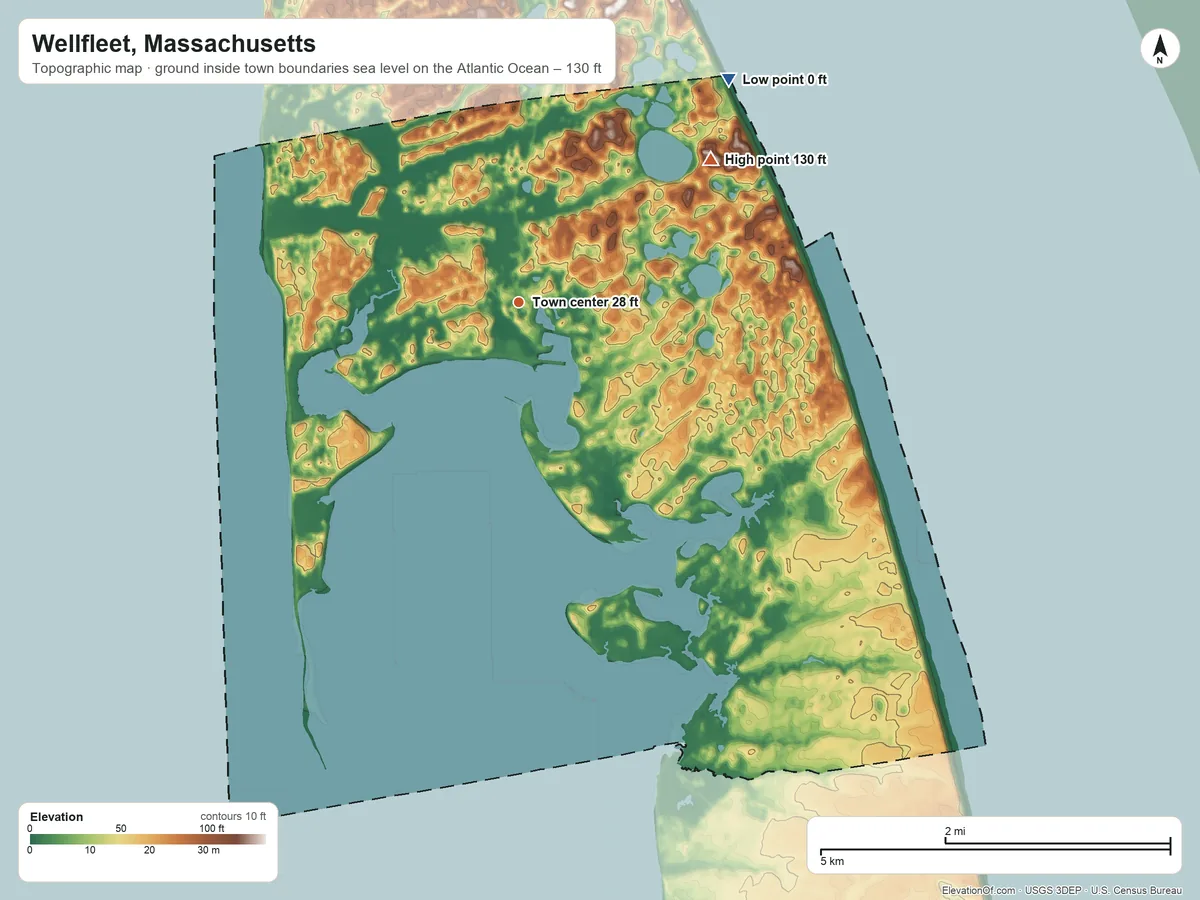 Topographic elevation map of Wellfleet, Massachusetts, shaded from sea level level on the Atlantic Ocean to 130 ft on the northeast side