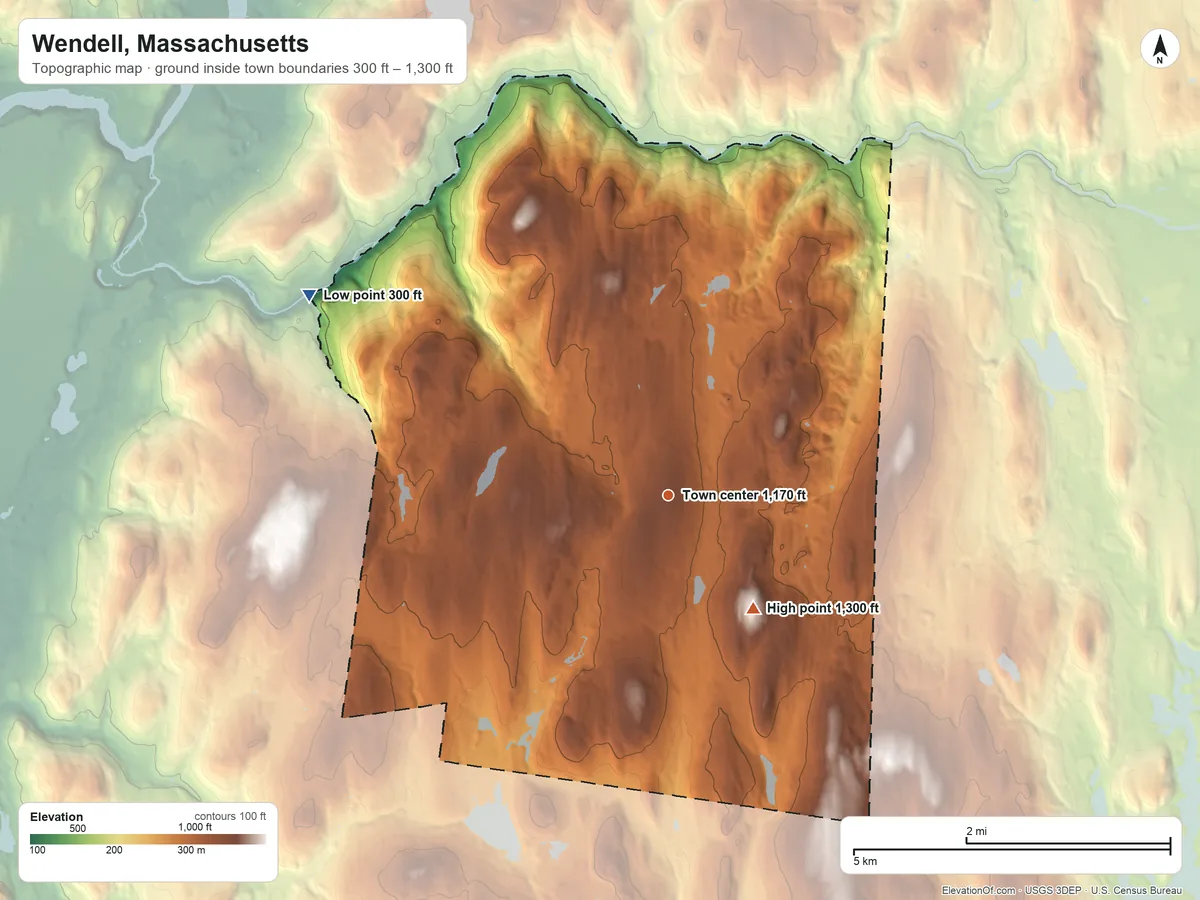 Topographic elevation map of Wendell, Massachusetts, shaded from 300 ft on the northwest side to 1,300 ft on Orcutt Hill