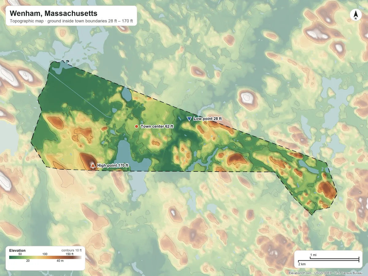 Topographic elevation map of Wenham, Massachusetts, shaded from 28 ft on the east side to 170 ft on Lords Hill