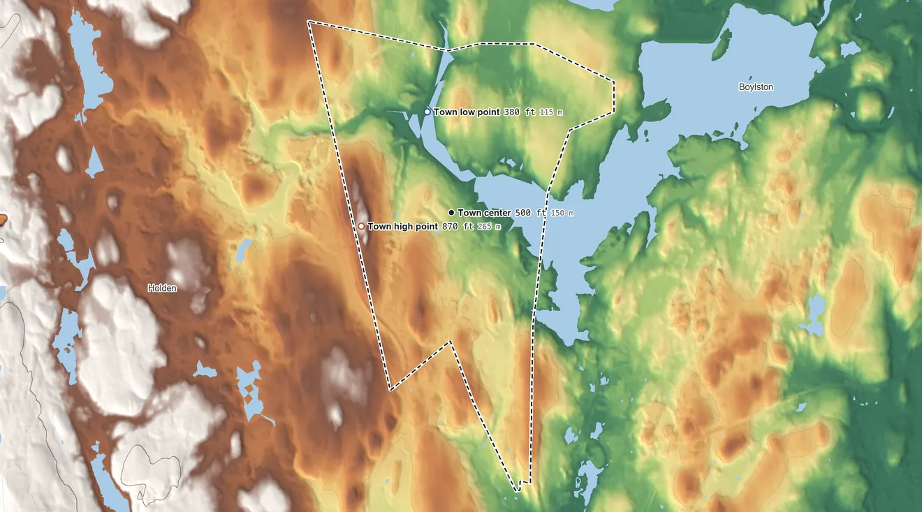 Topographic elevation map of West Boylston, Massachusetts, shaded from 380 ft on the north side to 870 ft on Malden Hill