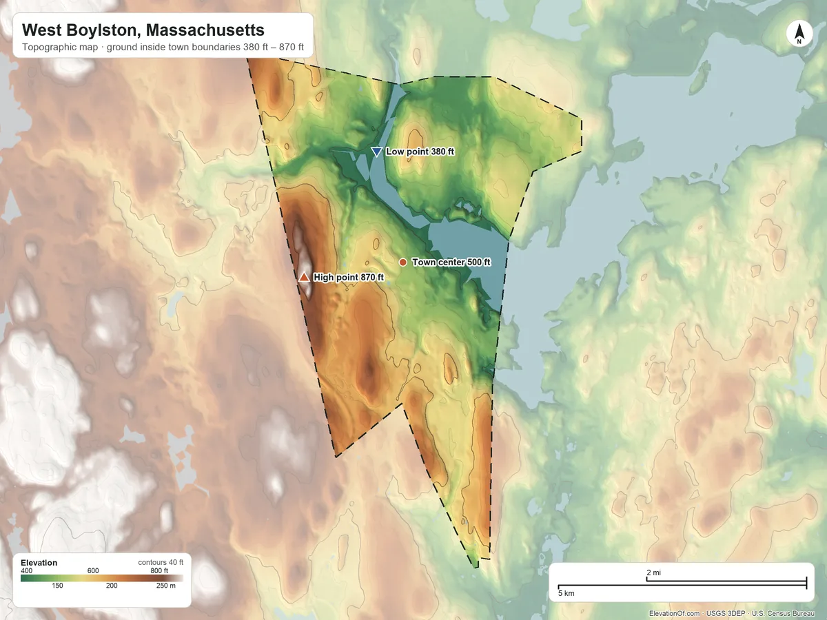 Topographic elevation map of West Boylston, Massachusetts, shaded from 380 ft on the north side to 870 ft on Malden Hill