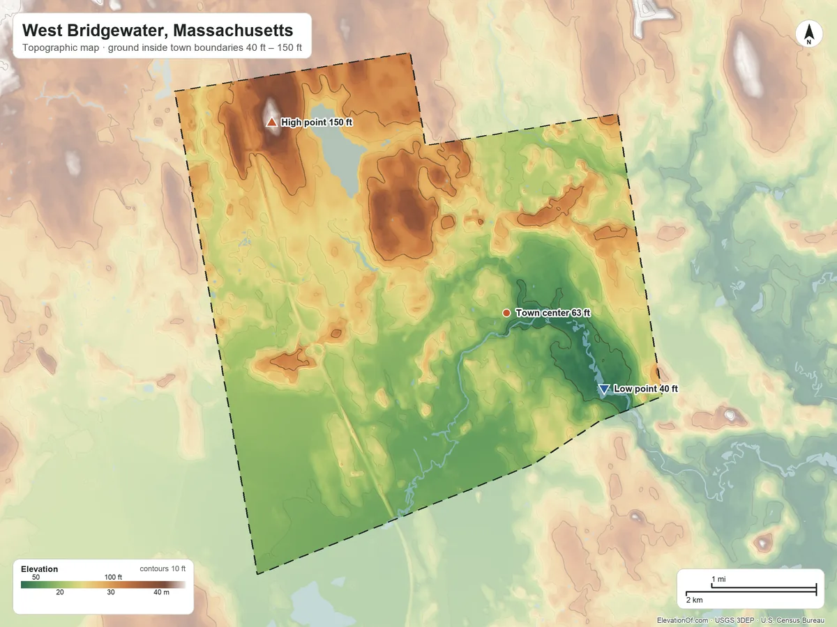 Topographic elevation map of West Bridgewater, Massachusetts, shaded from 40 ft on the southeast side to 150 ft on the northwest side