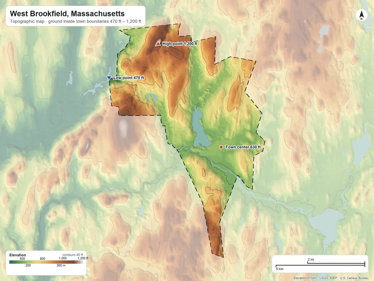 Topographic elevation map of West Brookfield, Massachusetts, shaded from 470 ft on the northwest side to 1,200 ft on Ragged Hill