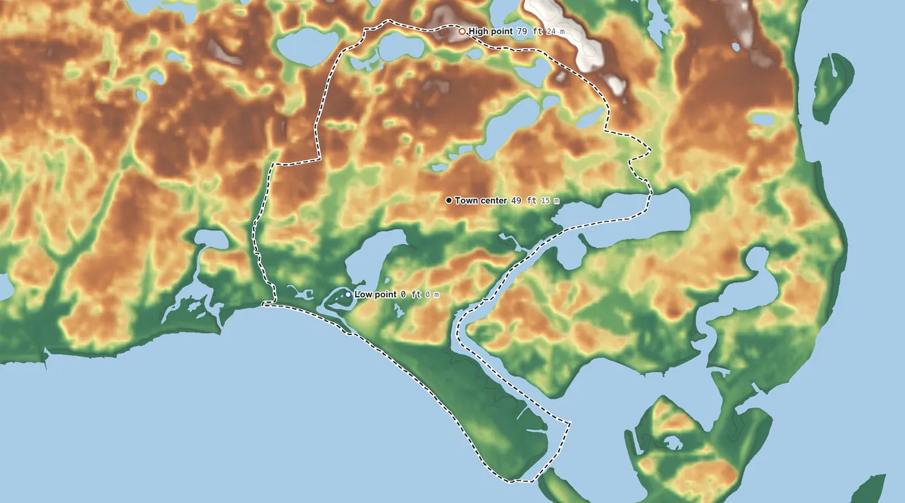 Topographic elevation map of West Chatham, Massachusetts, shaded from sea level level on Nantucket Sound to 79 ft on the north side