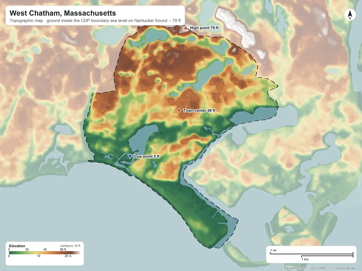 Topographic elevation map of West Chatham, Massachusetts, shaded from sea level level on Nantucket Sound to 79 ft on the north side