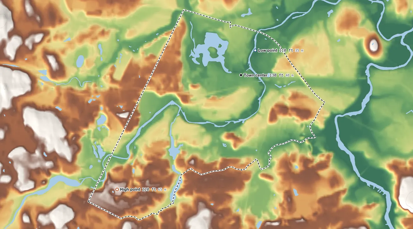 Topographic elevation map of West Concord, Massachusetts, shaded from 110 ft near the middle to 220 ft on the southwest side