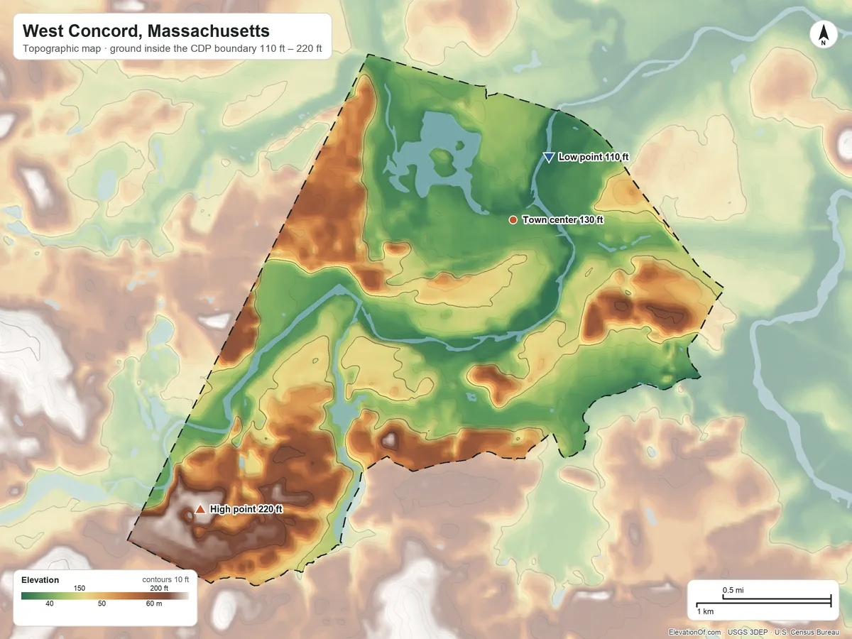 Topographic elevation map of West Concord, Massachusetts, shaded from 110 ft near the middle to 220 ft on the southwest side