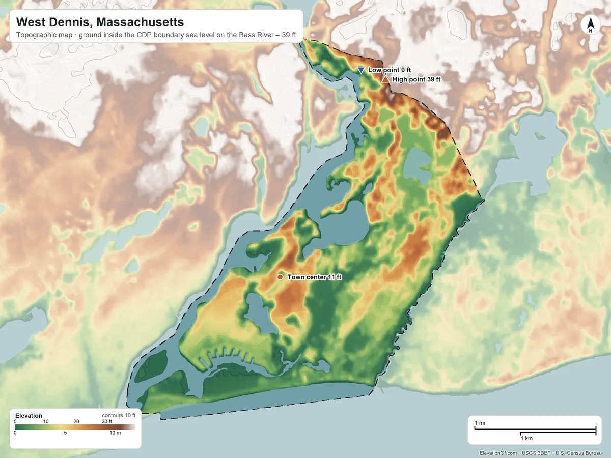 Topographic elevation map of West Dennis, Massachusetts, shaded from sea level level on the Bass River to 39 ft on the northeast side
