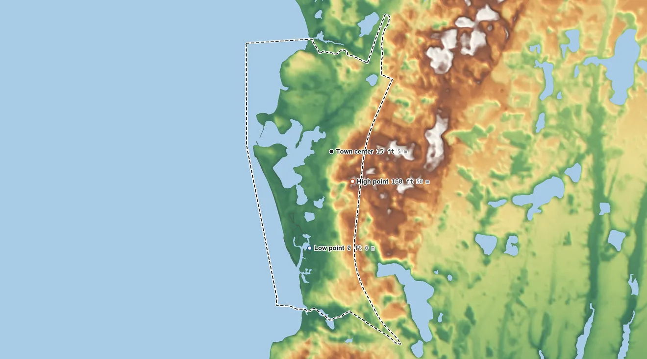 Topographic elevation map of West Falmouth, Massachusetts, shaded from sea level level on Buzzards Bay to 160 ft on Telegraph Hill