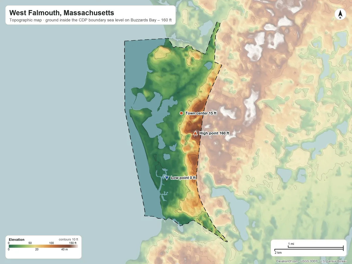 Topographic elevation map of West Falmouth, Massachusetts, shaded from sea level level on Buzzards Bay to 160 ft on Telegraph Hill